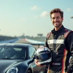 Homme en combinaison de course avec casque à côté d'une voiture de sport