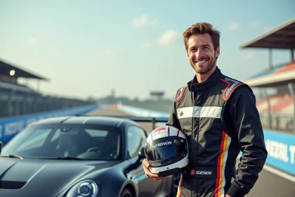 Homme en combinaison de course avec casque à côté d'une voiture de sport