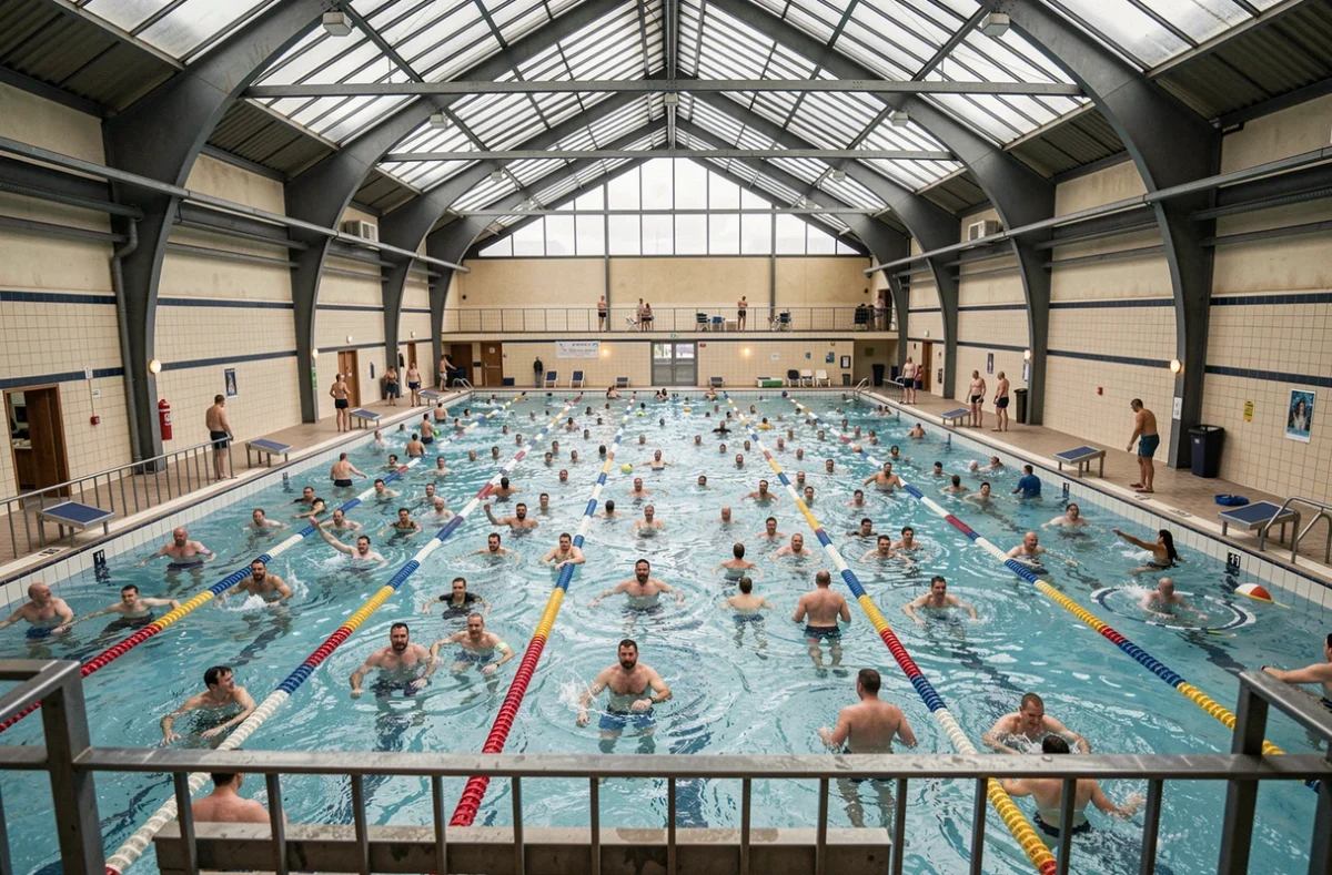 Vue en plongée d'une piscine publique bondée aux heures de pointe, illustrant l'affluence et l'intérêt de choisir le bon créneau horaire
