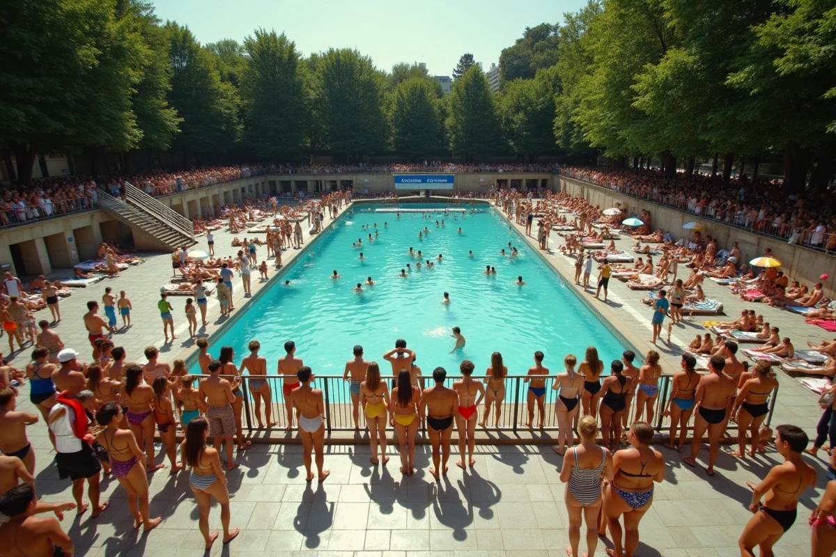 Foule dense à la piscine de la Butte aux Cailles lors d'un après-midi estival animé à Paris