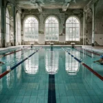 Piscine Jules Vernes presque vide en dehors des heures de pointe, avec deux nageurs dans les couloirs calmes et une architecture intérieure historique