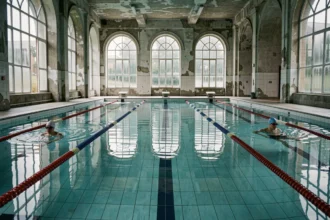 Piscine Jules Vernes presque vide en dehors des heures de pointe, avec deux nageurs dans les couloirs calmes et une architecture intérieure historique