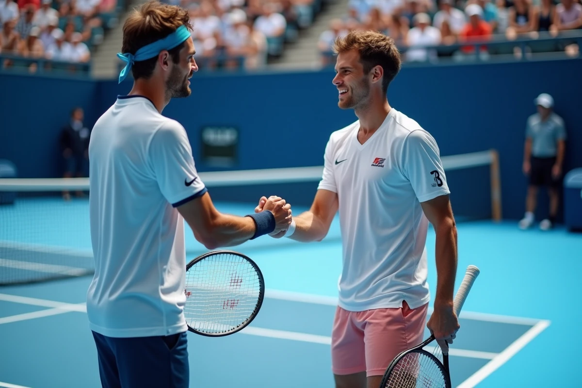 Deux joueurs de tennis ATP se serrant la main au filet après un match sur surface dure lors d'un tournoi professionnel
