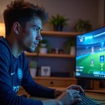 Joueur de football virtuel concentré sur la gestion de son club FC 25 devant un écran de jeu en 2026