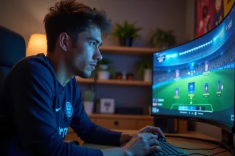 Joueur de football virtuel concentré sur la gestion de son club FC 25 devant un écran de jeu en 2026