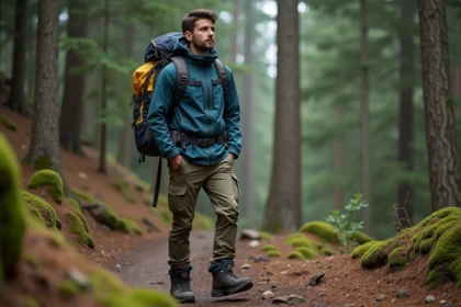 Jeune homme randonneur en forêt avec sac à dos de 30 lb