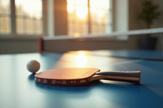 Raquette de ping pong sur une table lumineuse et moderne