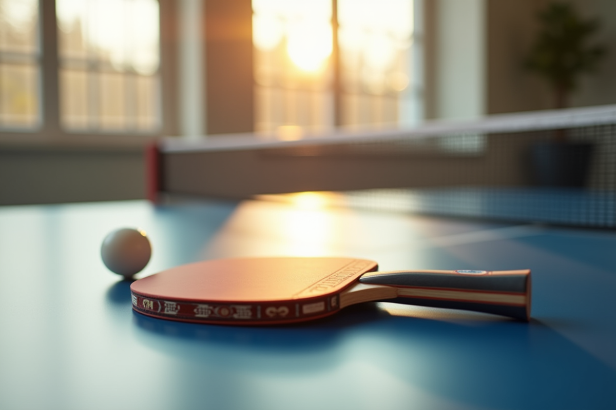 Raquette de ping pong sur une table lumineuse et moderne