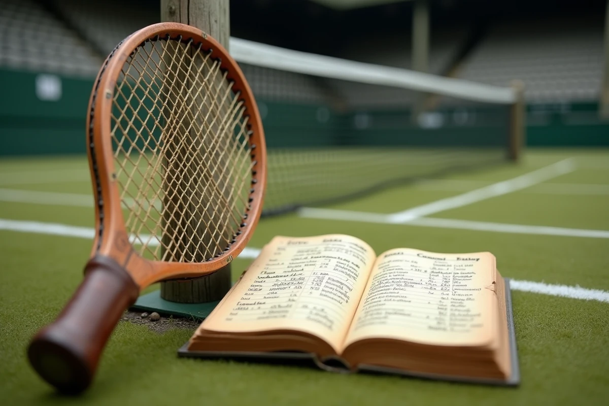 Raquette de tennis vintage des années 1980 posée contre un filet avec un carnet de statistiques manuscrites de matchs professionnels
