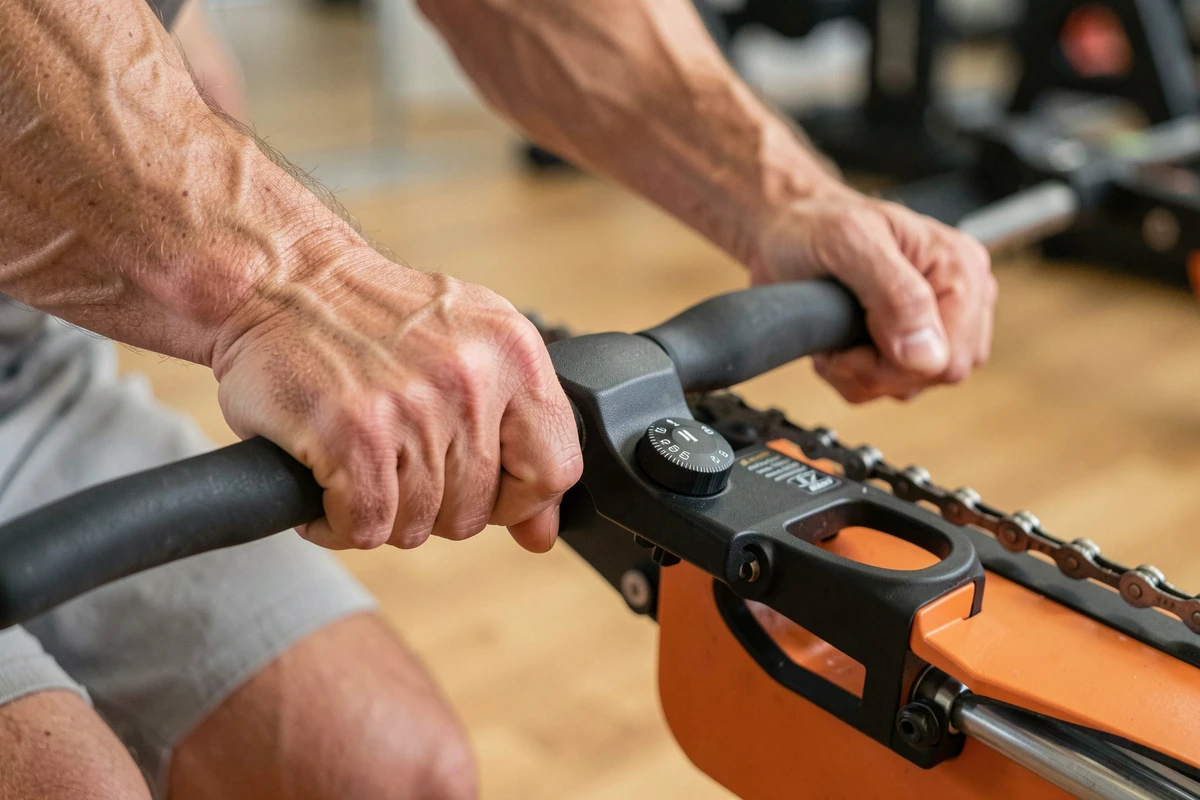 Gros plan sur les mains d'un sportif tenant la poignée d'un rameur avec le sélecteur de résistance visible, pour illustrer le réglage de la résistance