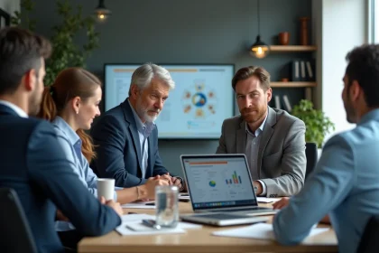 Groupe de quatre professionnels en réunion autour d'une table