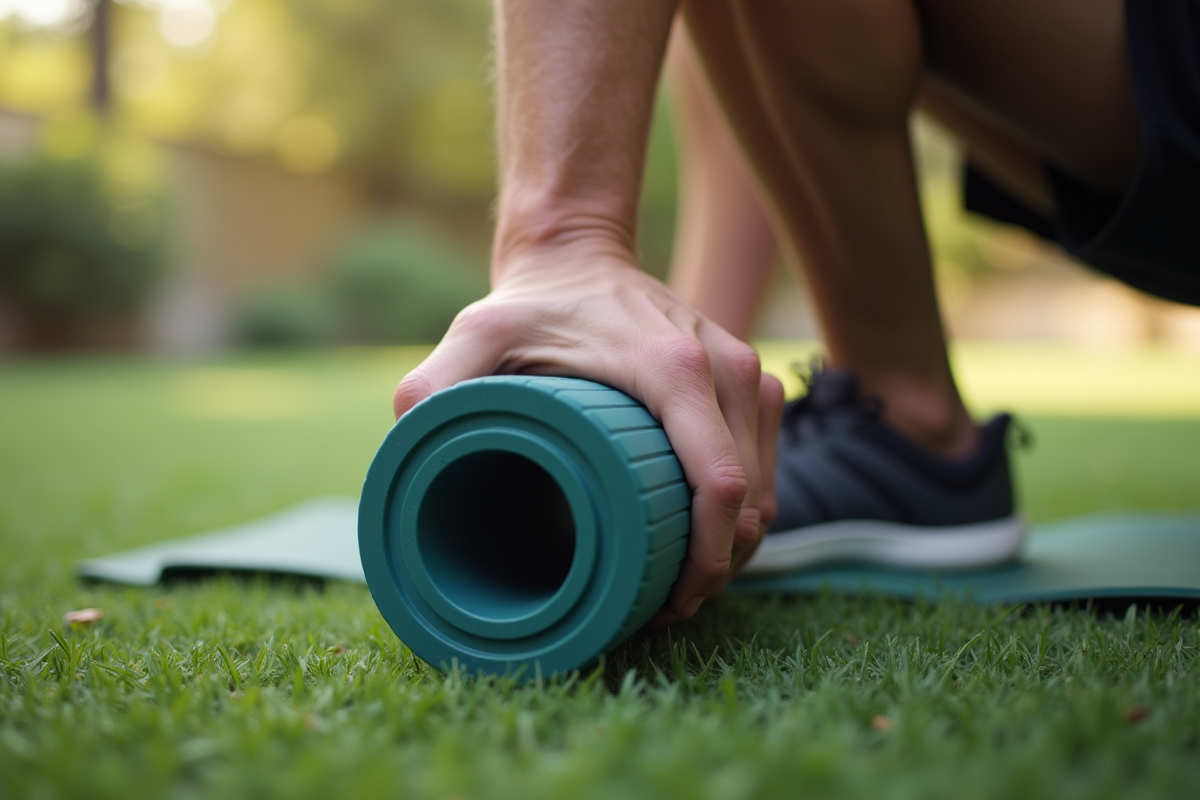 Gros plan d’un foam roller dans la main avec muscles visibles