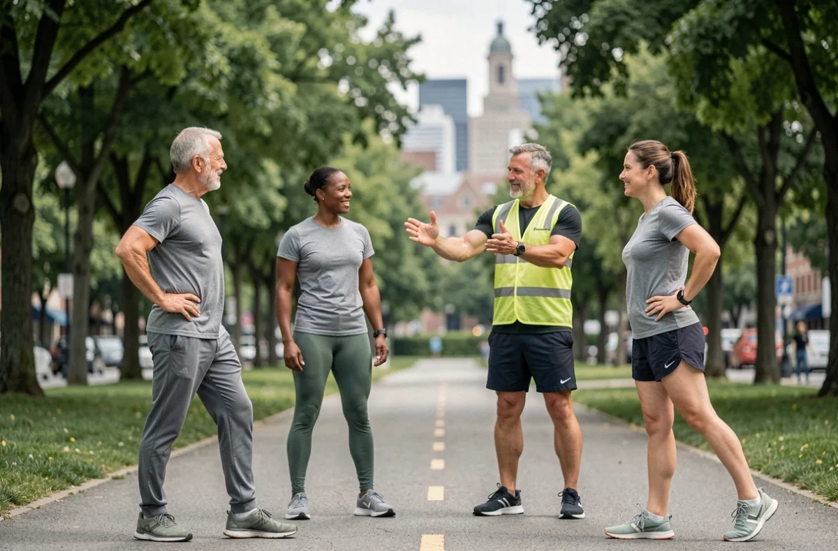 Groupe d'adultes participant à une session de sport santé encadrée en milieu urbain dans le cadre des County Sports Partnerships