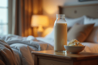 Shake protéine et fromage cottage sur une table de nuit