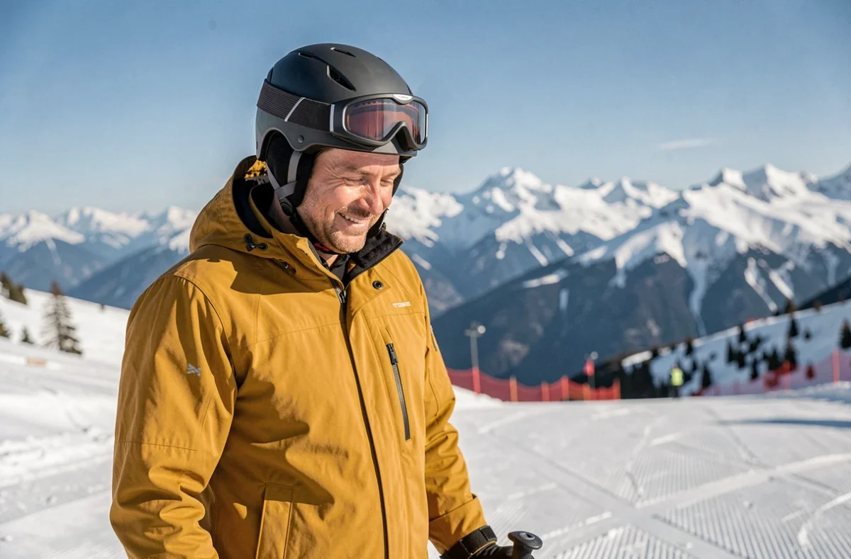 Skieur au sommet d'une piste de l'Alpe d'Huez profitant de sa journée de ski avec un forfait rentabilisé