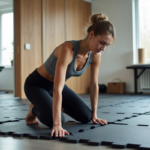 Femme en sport inspectant le sol en caoutchouc dans une salle de sport moderne
