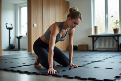 Femme en sport inspectant le sol en caoutchouc dans une salle de sport moderne