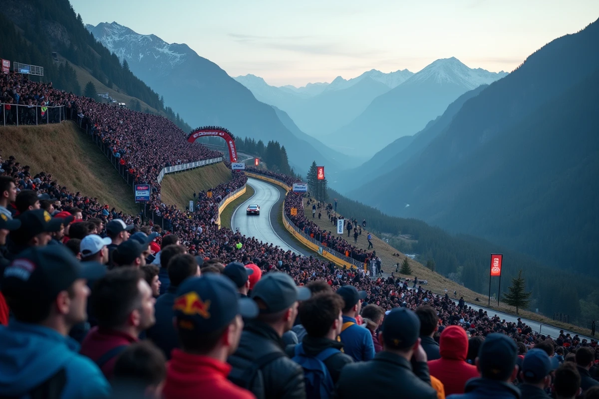 Spectateurs massés sur une colline pour observer une spéciale de rallye sur route de montagne en soirée