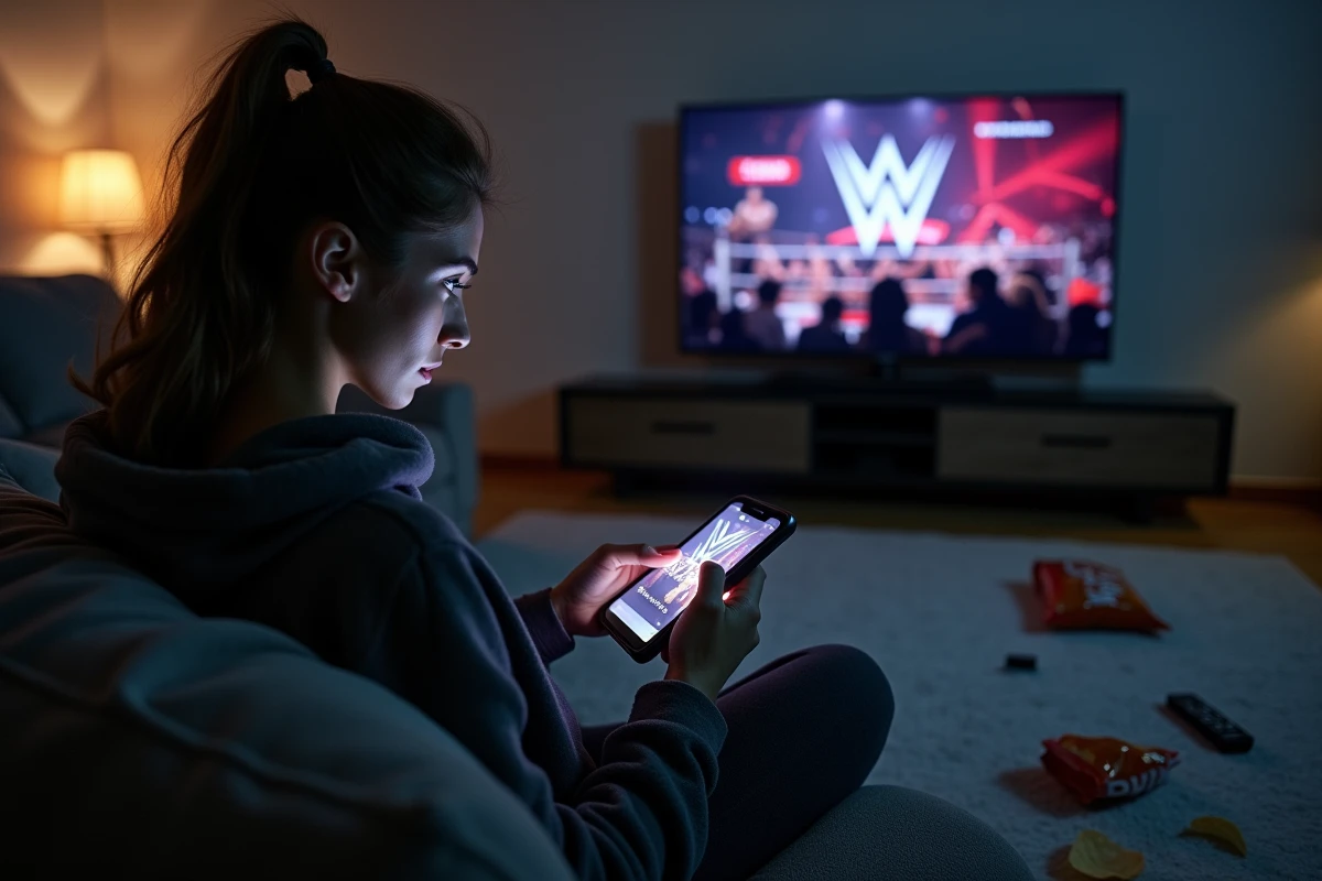 Spectatrice WWE découvrant des spoilers sur son téléphone avant un match télévisé