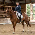 Athlète en dressage équestre, sport rare commençant par D, dans une arène professionnelle