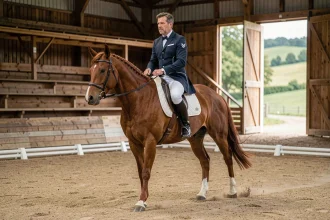 Athlète en dressage équestre, sport rare commençant par D, dans une arène professionnelle