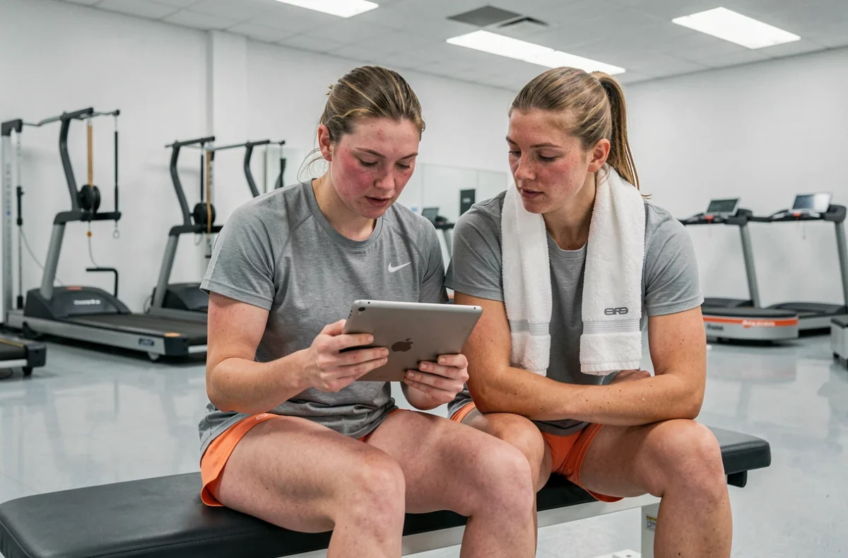 Sprinteuse et entraîneur analysant les données d'entraînement dans un laboratoire de performance sportive, préparation scientifique au record du monde 100m femme