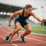 Sprinteuse en position de départ sur blocs à la piste d'athlétisme olympique, entraînement intensif pour le record du monde 100m femme