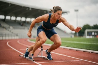 Sprinteuse en position de départ sur blocs à la piste d'athlétisme olympique, entraînement intensif pour le record du monde 100m femme