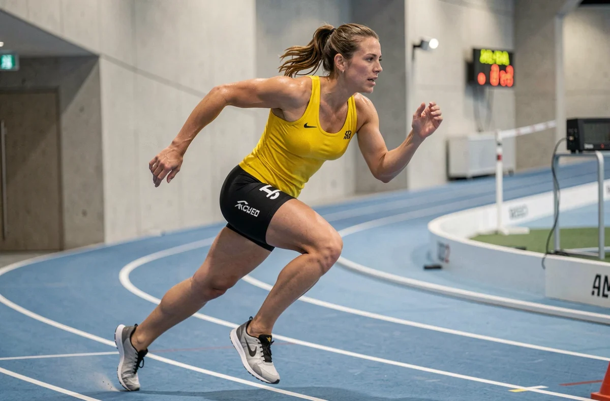 Sprinteuse en plein effort à mi-course sur piste couverte lors d'une séance d'entraînement pour battre le record du monde du 100m féminin