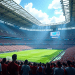 Stade sportif futuriste avec foule et écrans numériques