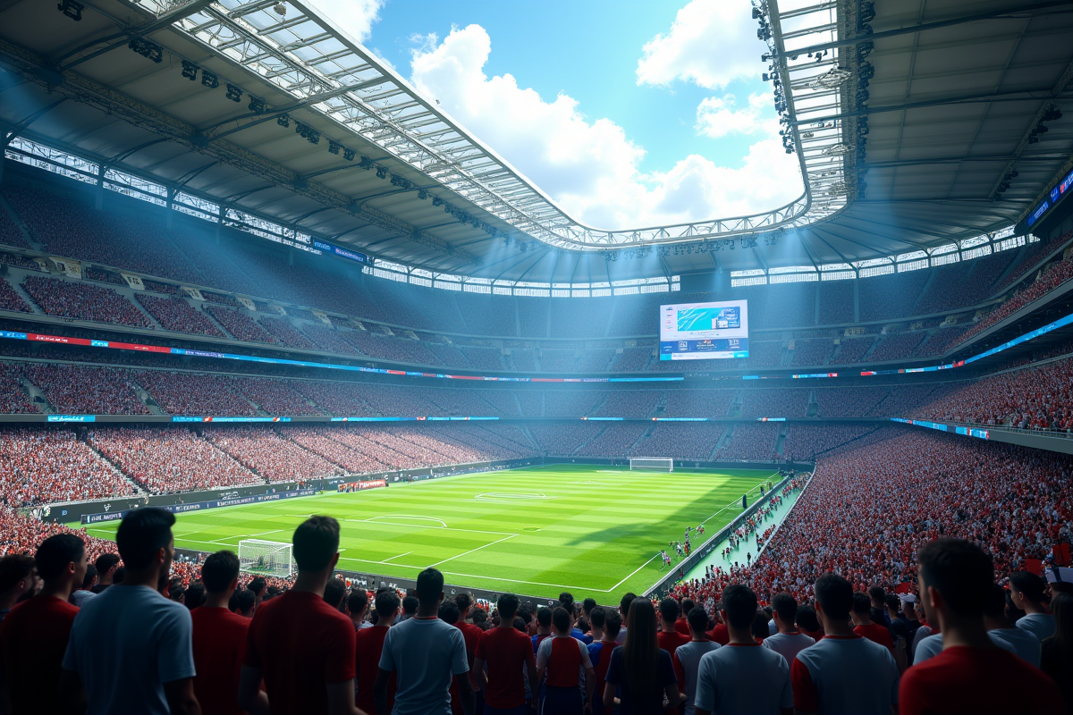 Stade sportif futuriste avec foule et écrans numériques