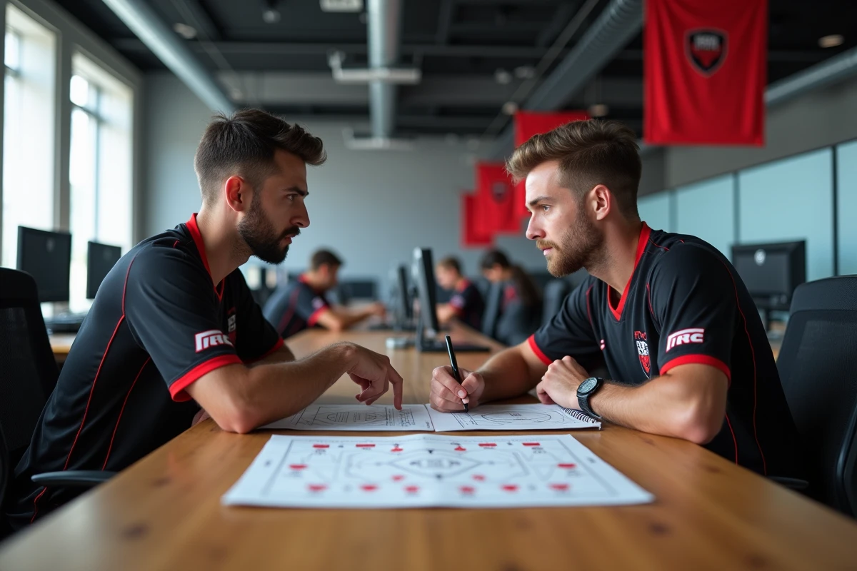 Deux managers d'équipe e-sport analysant leur stratégie de recrutement pour les DCE FC 25 dans une salle d'entraînement professionnelle