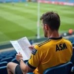 Supporter de l'ASM Clermont Auvergne consultant des statistiques dans un stade de rugby
