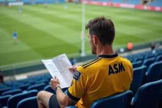 Supporter de l'ASM Clermont Auvergne consultant des statistiques dans un stade de rugby