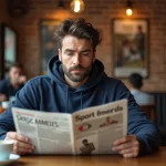 Supporter d'Amiens lisant la gazette sportive locale dans un café, comparaison entre presse traditionnelle et réseaux sociaux des clubs