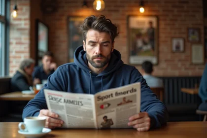 Supporter d'Amiens lisant la gazette sportive locale dans un café, comparaison entre presse traditionnelle et réseaux sociaux des clubs