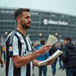 Supporter de la Juventus tenant ses billets devant l'Allianz Stadium de Turin le jour du match