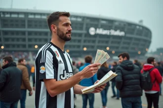 Supporter de la Juventus tenant ses billets devant l'Allianz Stadium de Turin le jour du match