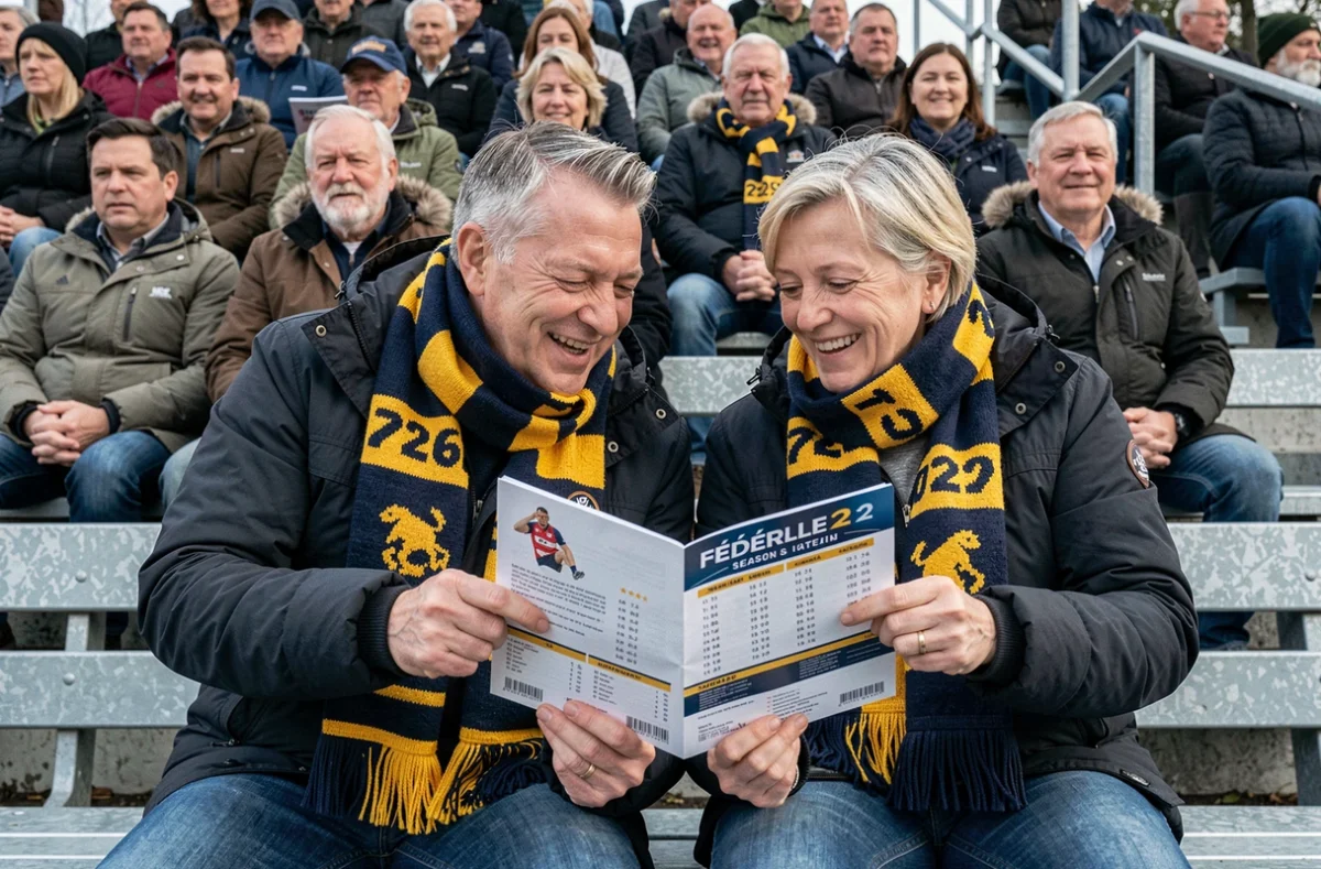 Supporters de Fédérale 2 Poule 4 consultant le calendrier 2026 dans les tribunes d'un stade de rugby provincial français, écharpes de club et ambiance conviviale