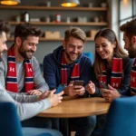Supporters de football dans un lounge moderne avec écharpes