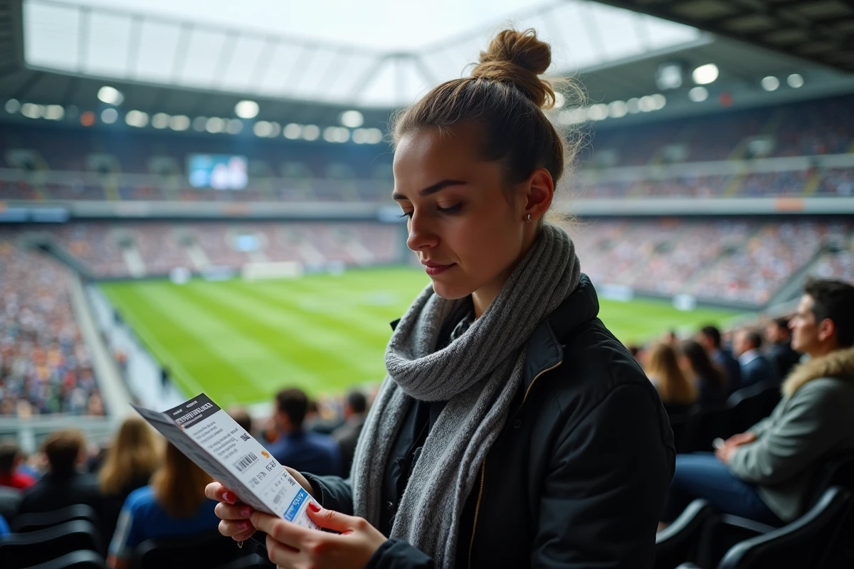 Supportrice de la Juventus examinant son billet de match depuis les tribunes de l'Allianz Stadium