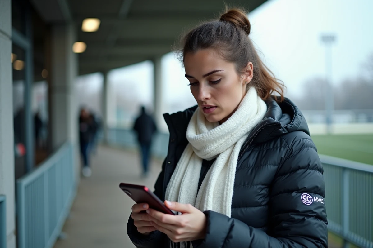 Supportrice d'Amiens consultant les réseaux sociaux du club devant le stade, fiabilité de l'information sportive en ligne