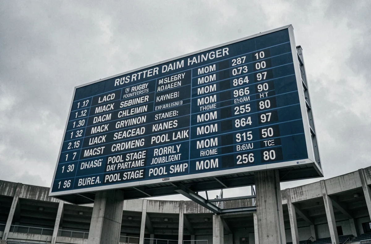 Tableau d'affichage d'un stade de rugby montrant le calendrier des phases de poules de la H Cup 2026