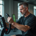 Homme d'âge moyen testant sa force avec dynamometre en salle
