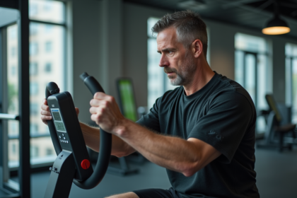 Homme d'âge moyen testant sa force avec dynamometre en salle