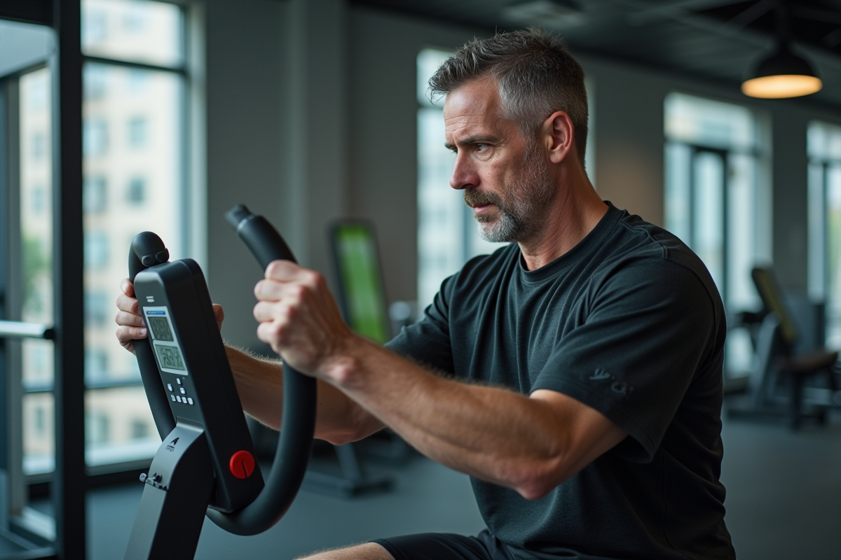 Homme d'âge moyen testant sa force avec dynamometre en salle