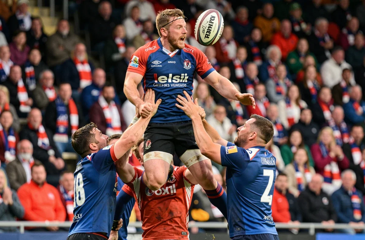 Touche disputée entre deux équipes lors d'un match de barrage de la H Cup 2026 devant un stade comble