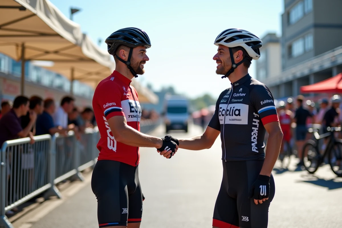 Deux cyclistes de différentes équipes se serrant la main lors d'une annonce de transfert au mercato cyclisme 2026