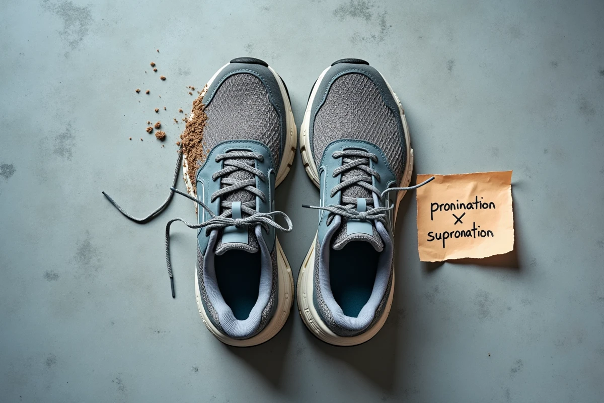 Semelles de chaussures de running usées montrant les traces de pronation et supination comparées