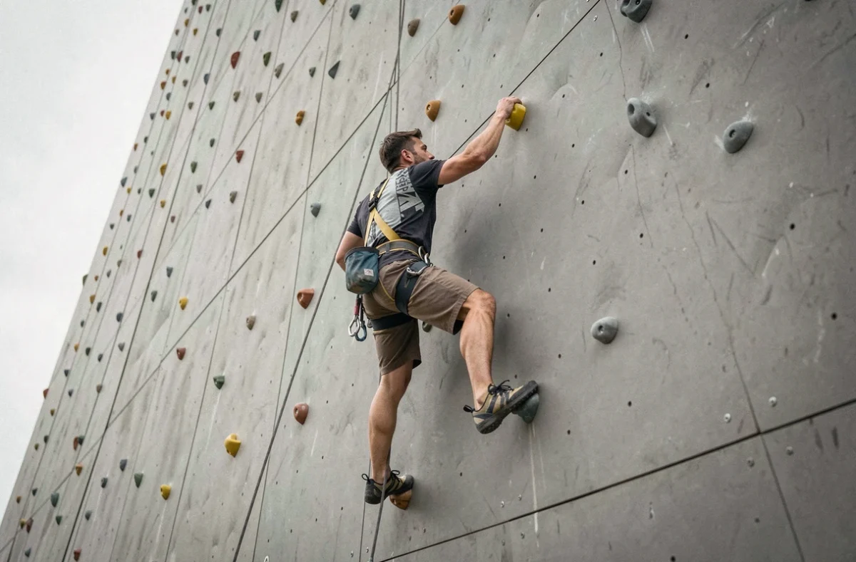 Grimpeur en voie de difficulté sur le mur de Vertical Park